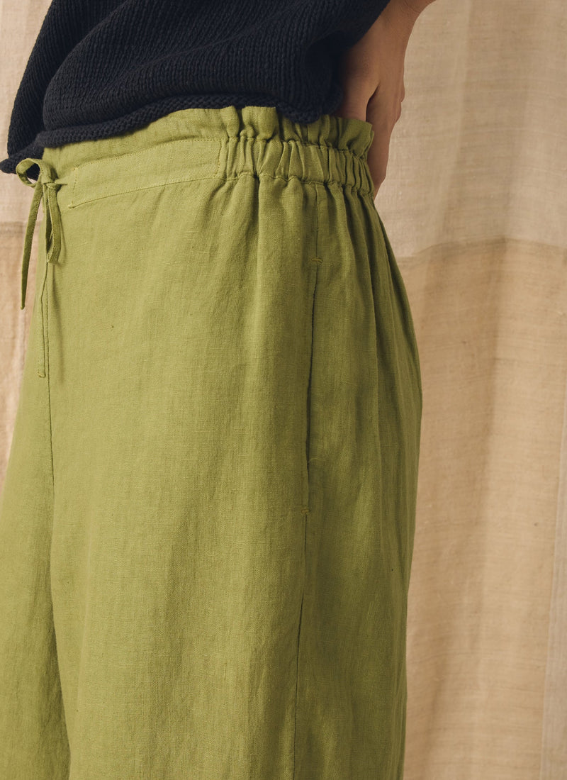 Garment Dyed Linen Wide Leg Trousers | Pale Olive