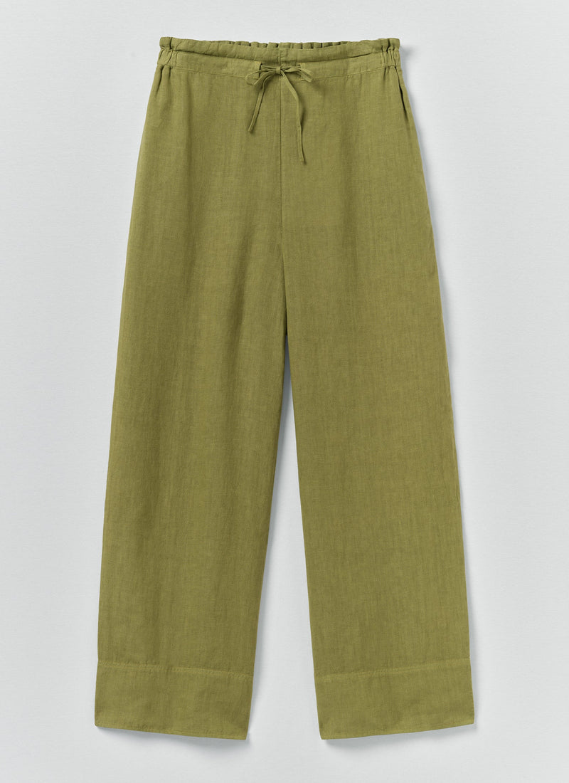 Garment Dyed Linen Wide Leg Trousers | Pale Olive