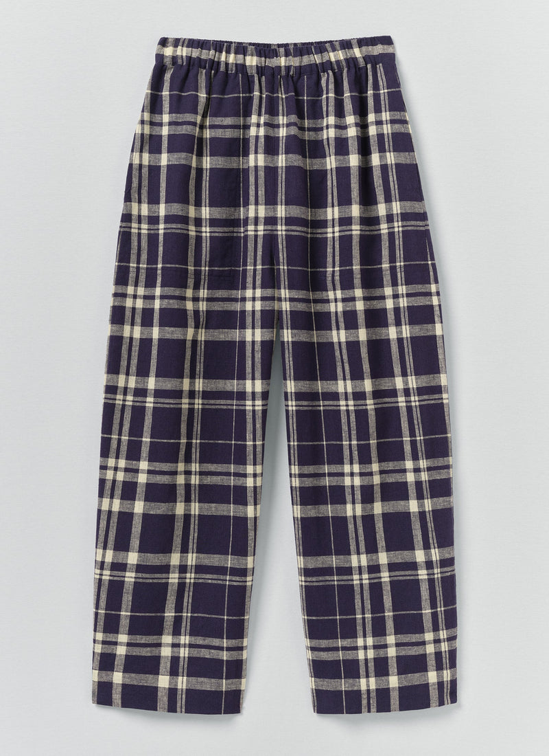Barrel Leg Check Linen Cotton Trousers | Blue/Soya