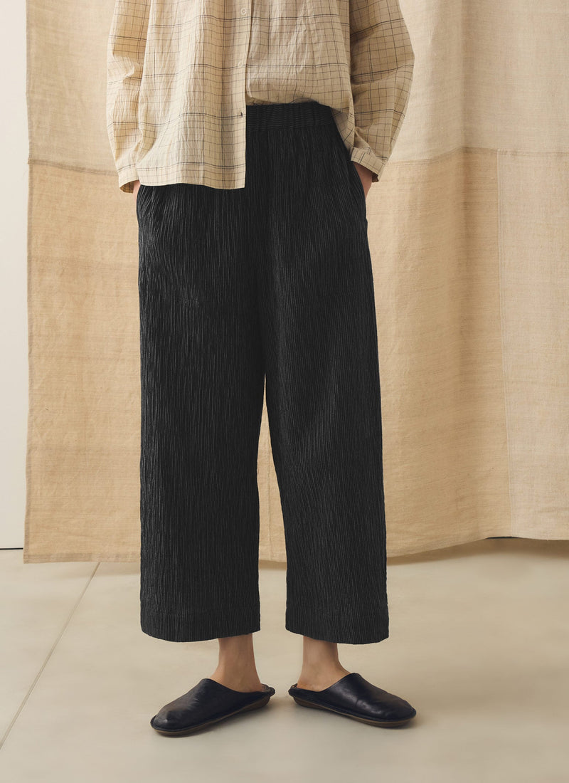 Fine Stripe Crinkle Cotton Barrel Leg Trousers | Earth/Ecru