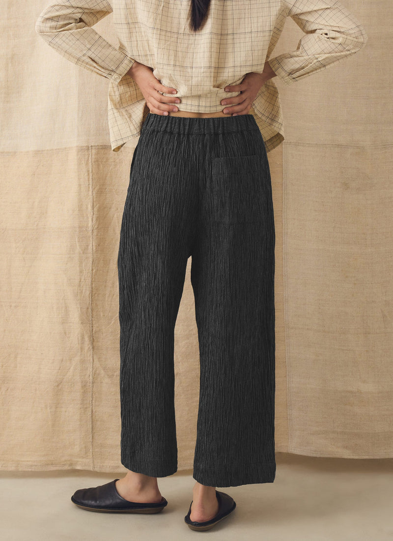 Fine Stripe Crinkle Cotton Barrel Leg Trousers | Earth/Ecru