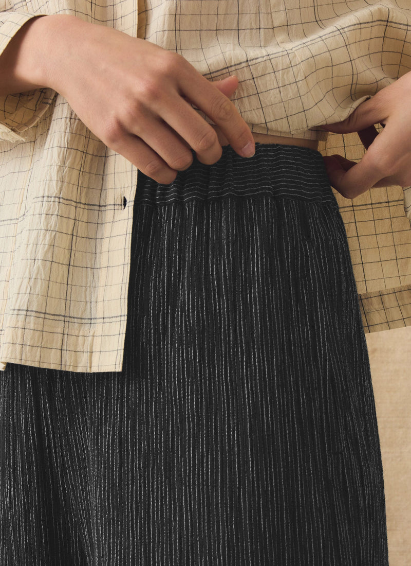 Fine Stripe Crinkle Cotton Barrel Leg Trousers | Earth/Ecru