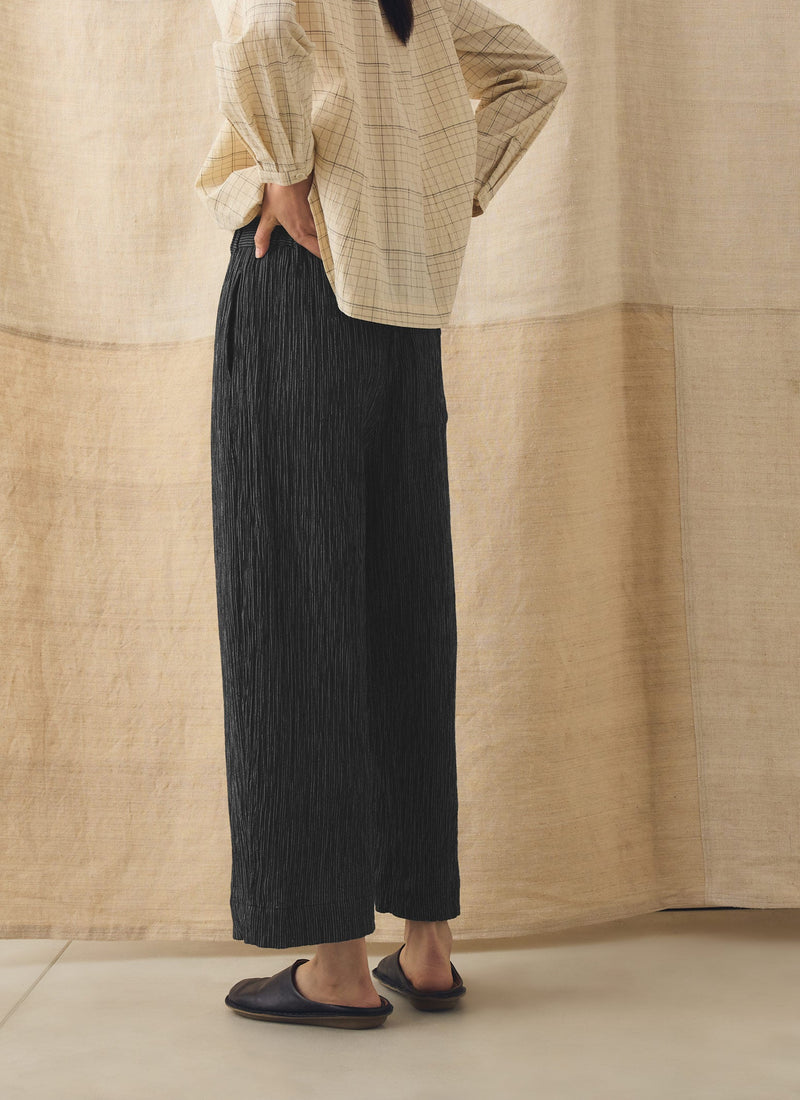 Fine Stripe Crinkle Cotton Barrel Leg Trousers | Earth/Ecru