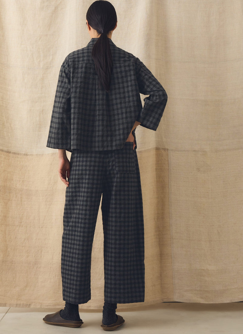Check Cotton Wool Barrel Leg Trousers | Dark Charcoal/Black