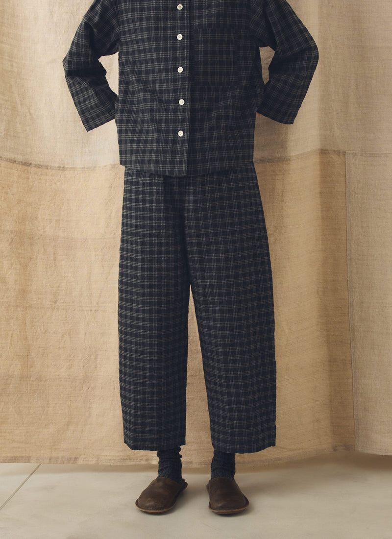 Check Cotton Wool Barrel Leg Trousers | Dark Charcoal/Black