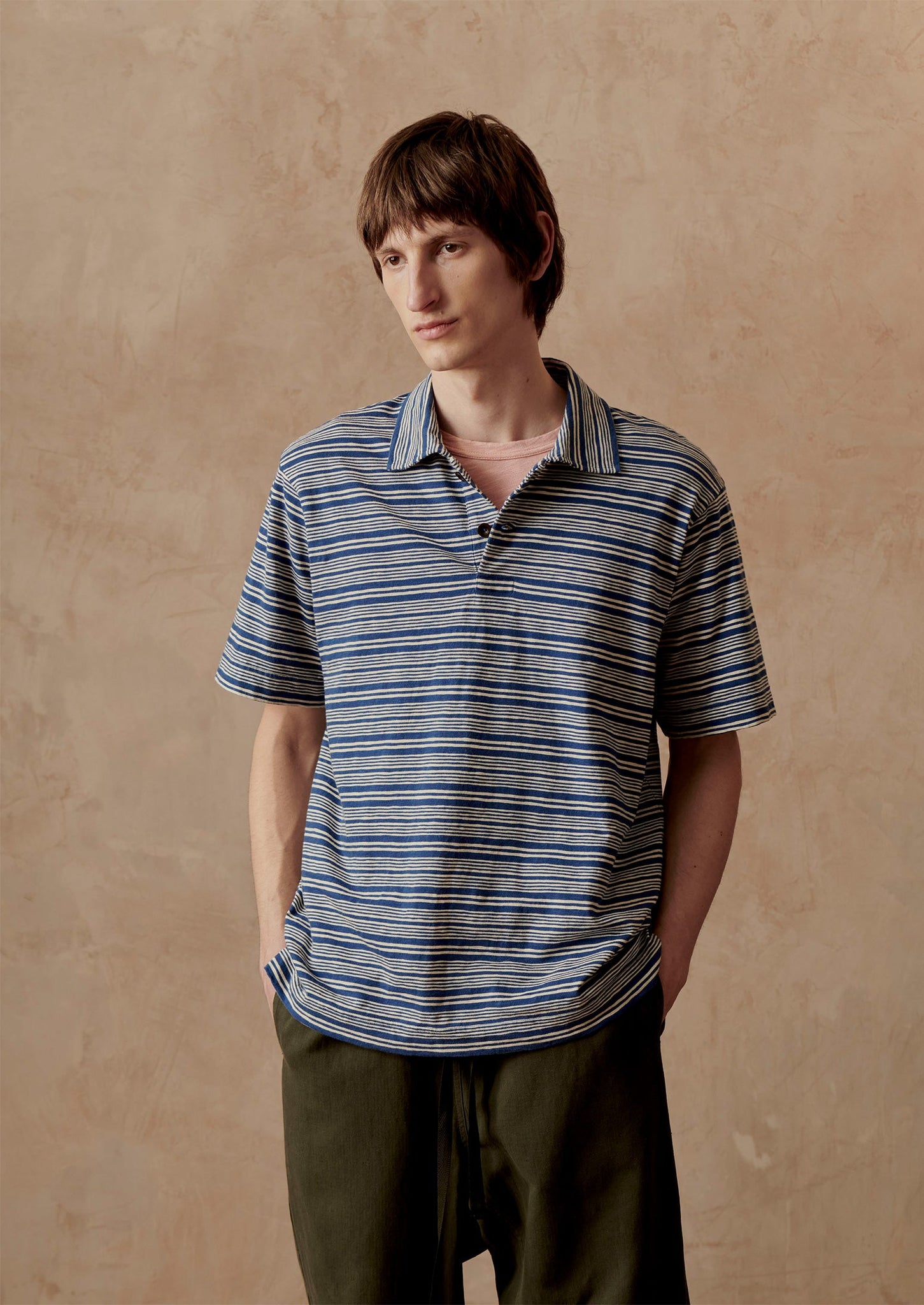 Stripe Organic Cotton Jersey Polo Shirt | Thistle/Putty