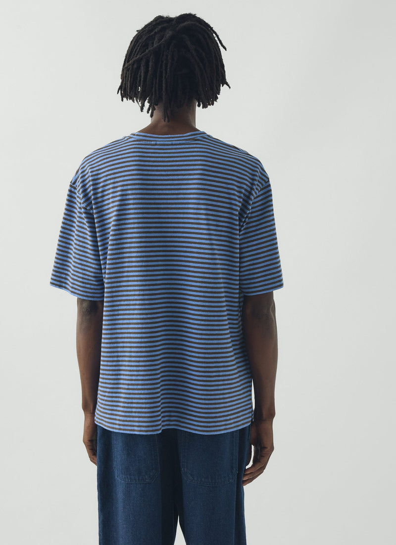 Bold Stripe Cotton Short Sleeve Tee | Azure Blue/Tawny Brown