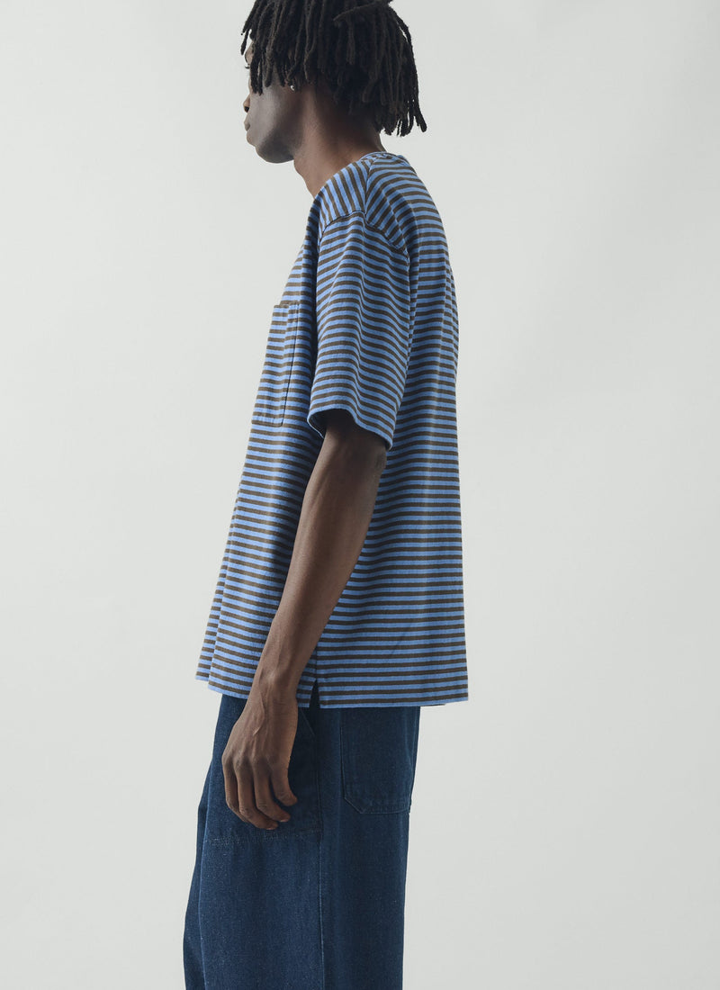 Bold Stripe Cotton Short Sleeve Tee | Azure Blue/Tawny Brown