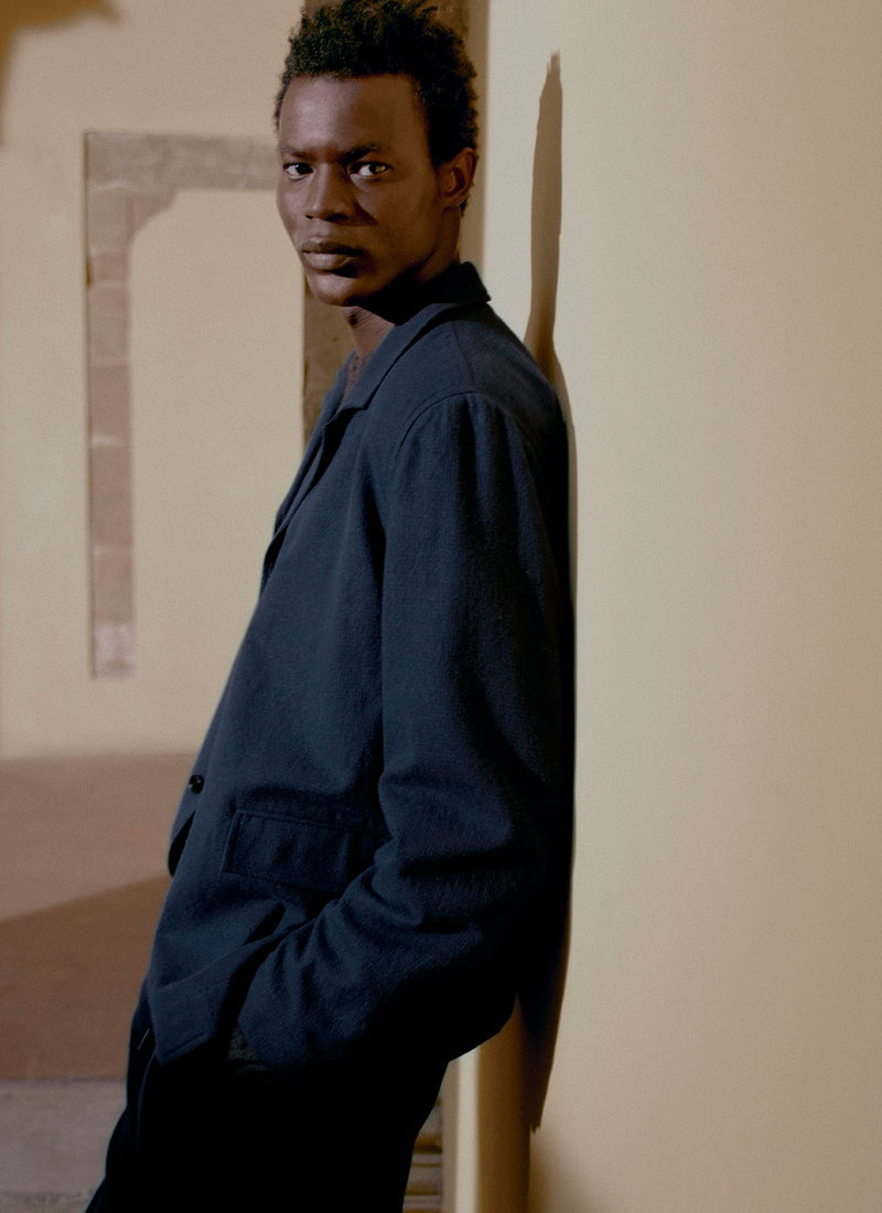 Houndstooth Cotton Wool Jacket | Dark Navy