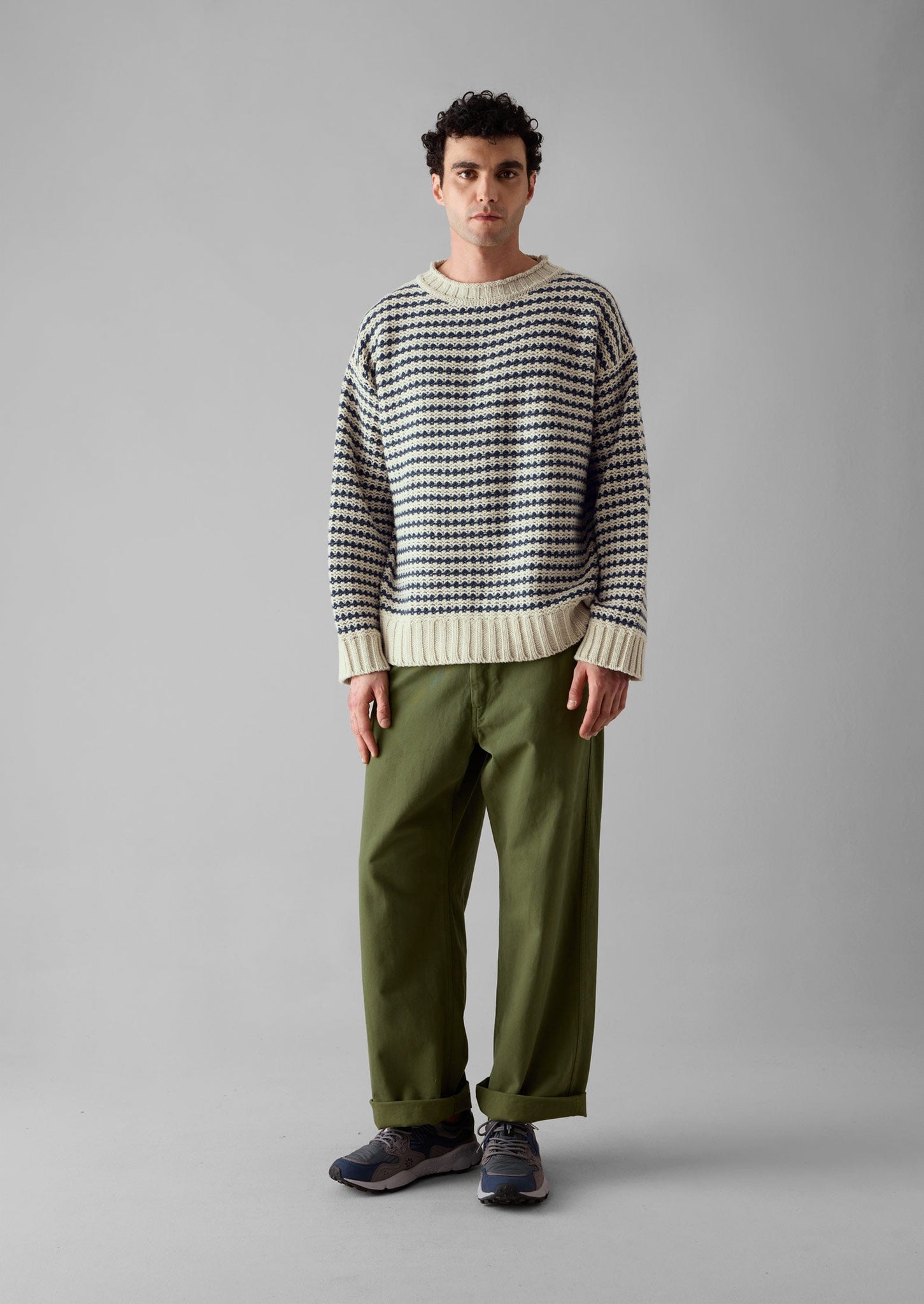 Tucking Stripe Wool Cotton Sweater | Ecru/Navy