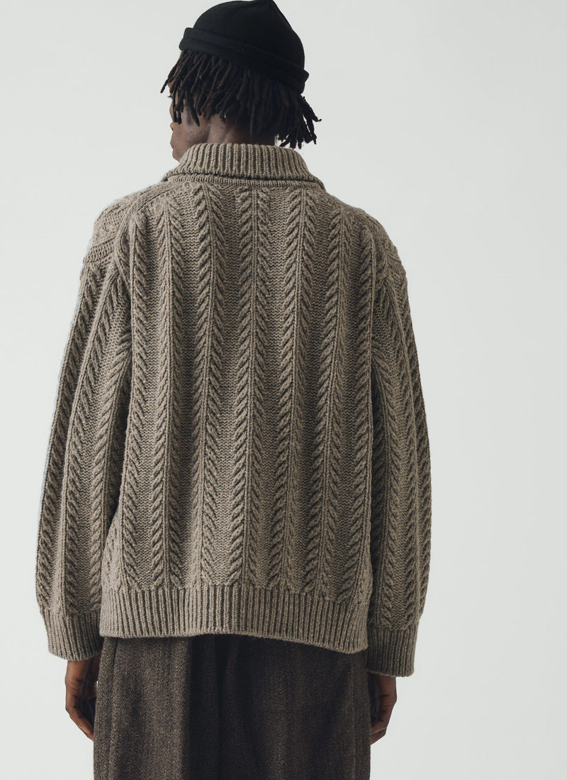 Collared Aran Wool Cardigan | Stone
