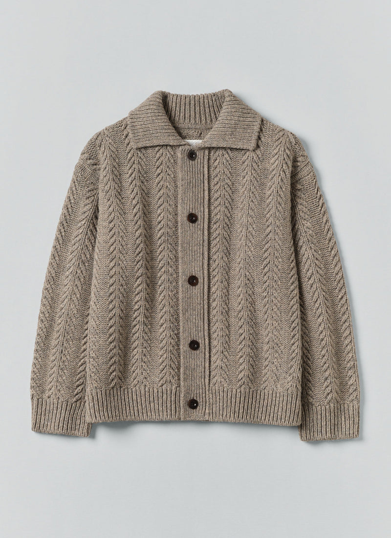 Collared Aran Wool Cardigan | Stone