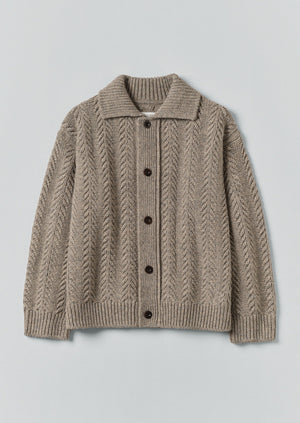 Collared Aran Wool Cardigan | Stone