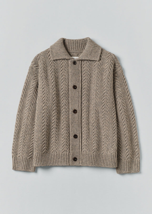 Collared Aran Wool Cardigan | Stone