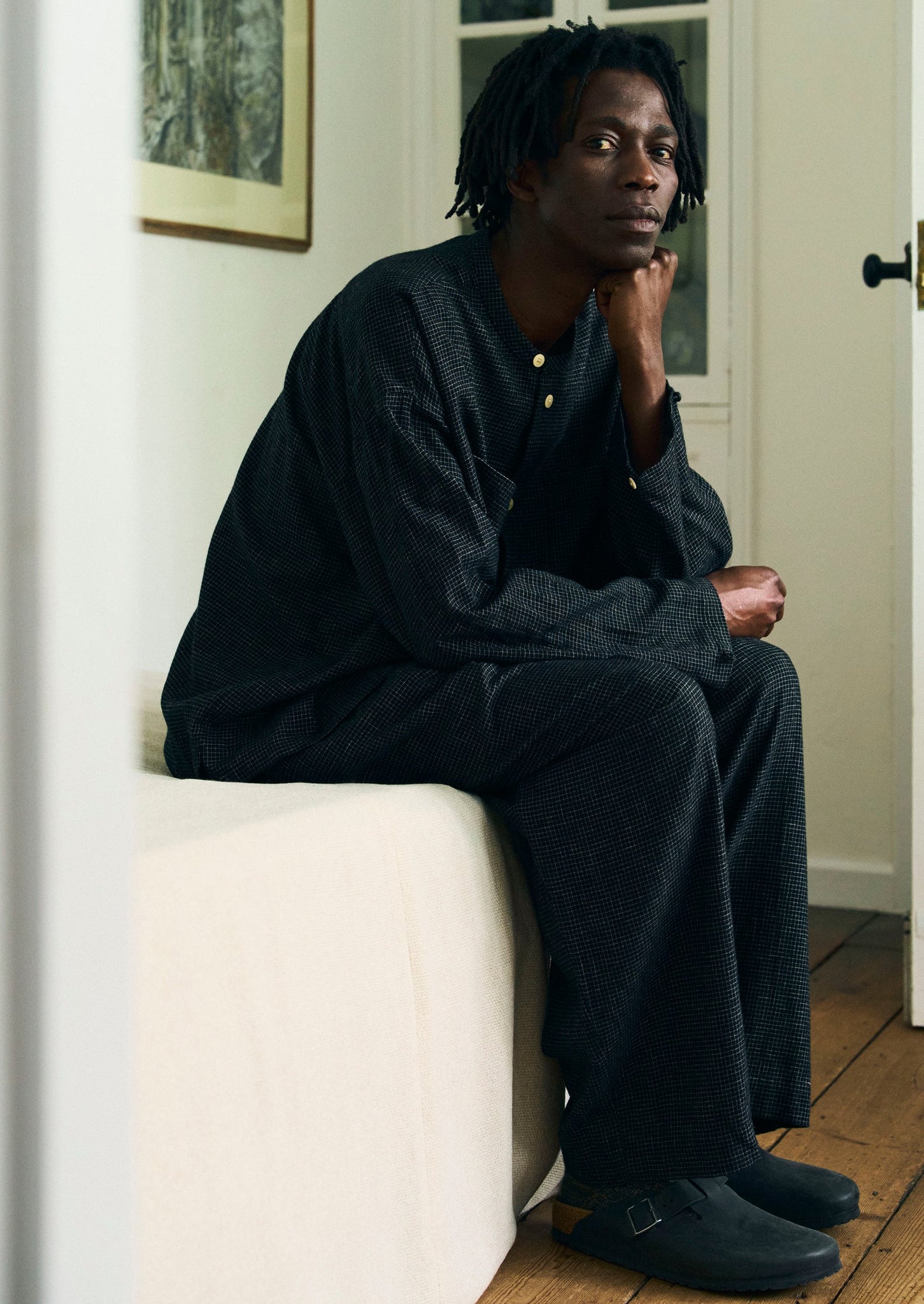 Cotton Cashmere Check Pleated Trousers | Black/Ecru