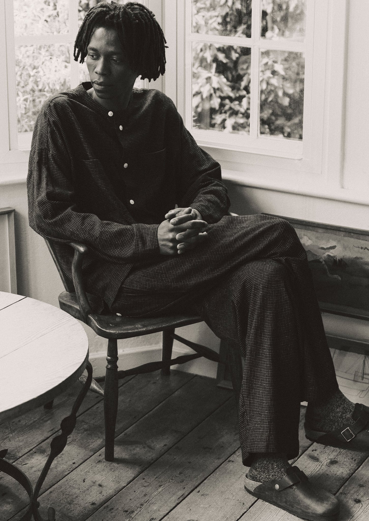 Cotton Cashmere Check Pleated Trousers | Black/Ecru