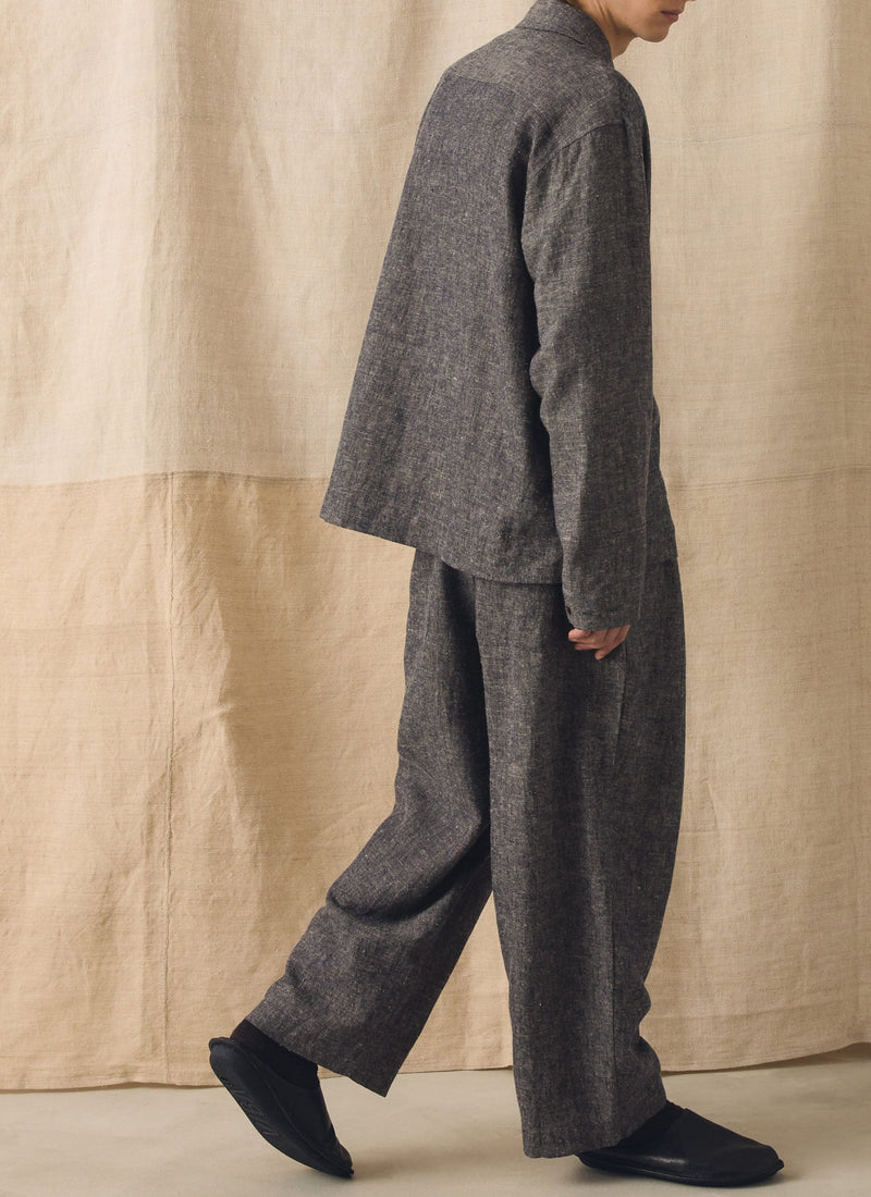 Pleated Linen Cotton Twill Trousers | Navy/Ecru