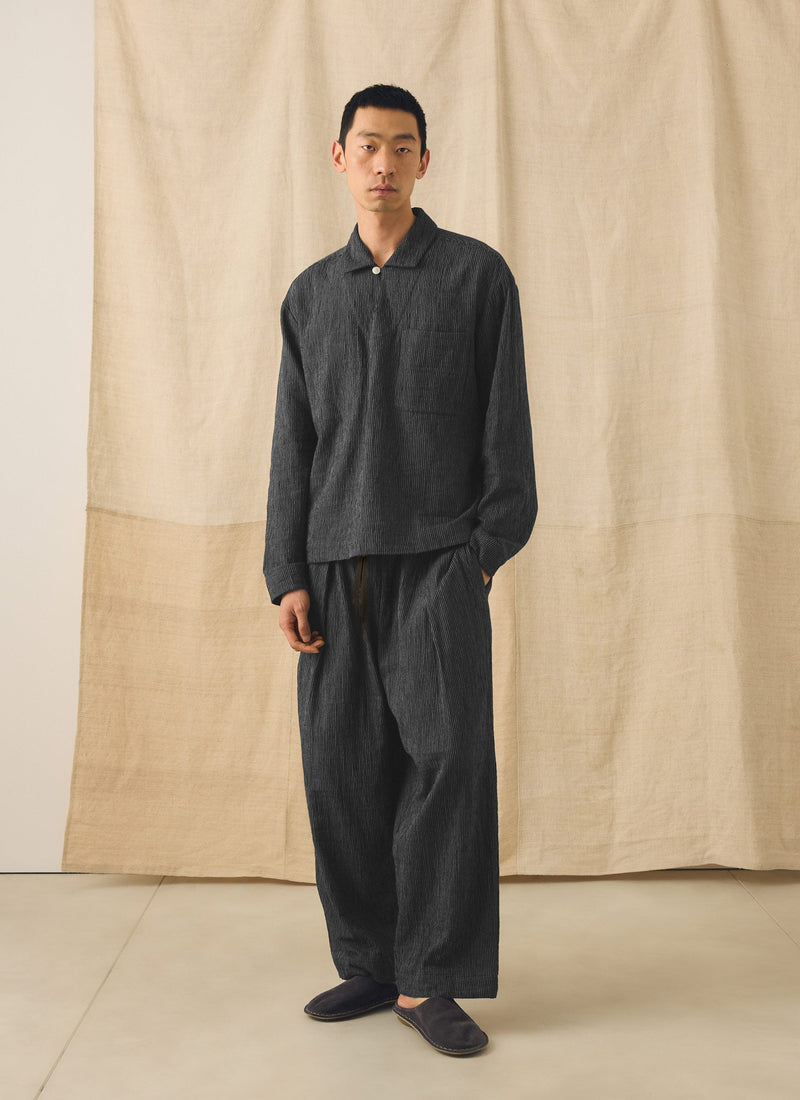 Fine Stripe Crinkle Cotton Pleated Trousers | Earth/Ecru