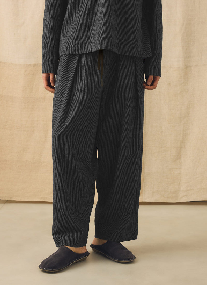 Fine Stripe Crinkle Cotton Pleated Trousers | Earth/Ecru