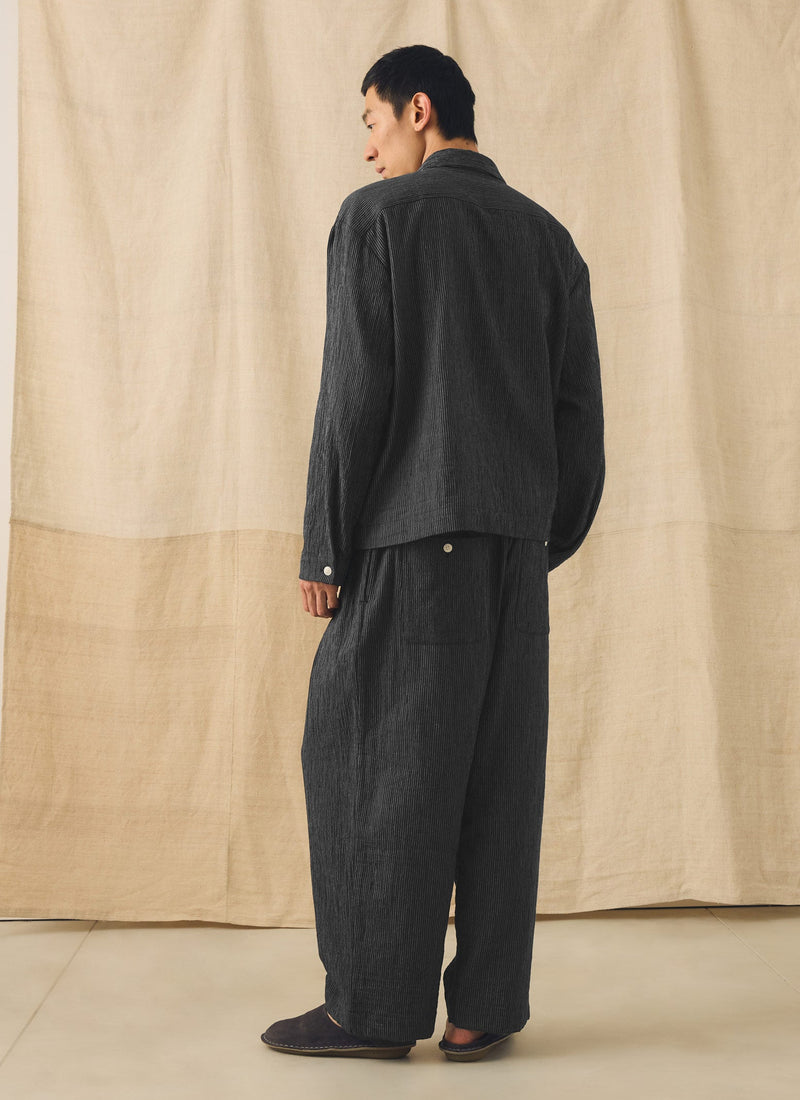 Fine Stripe Crinkle Cotton Pleated Trousers | Earth/Ecru