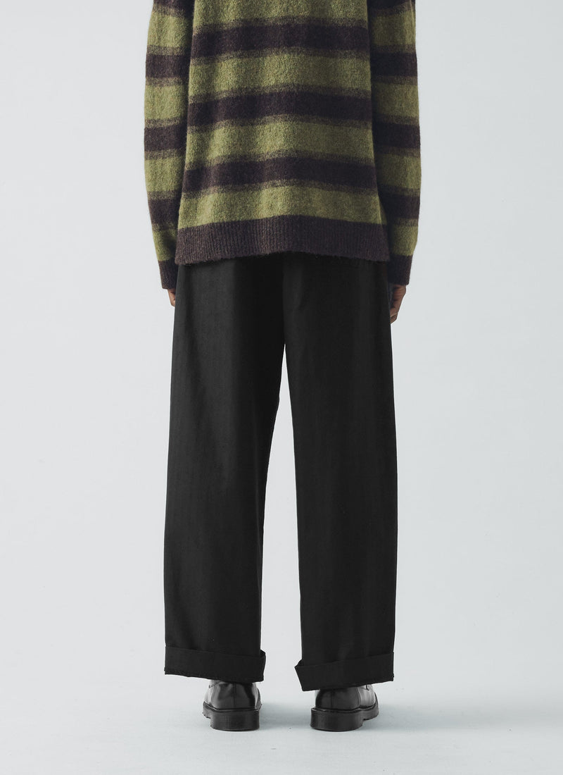 Cotton Wool Herringbone Wide Leg Trousers | Black