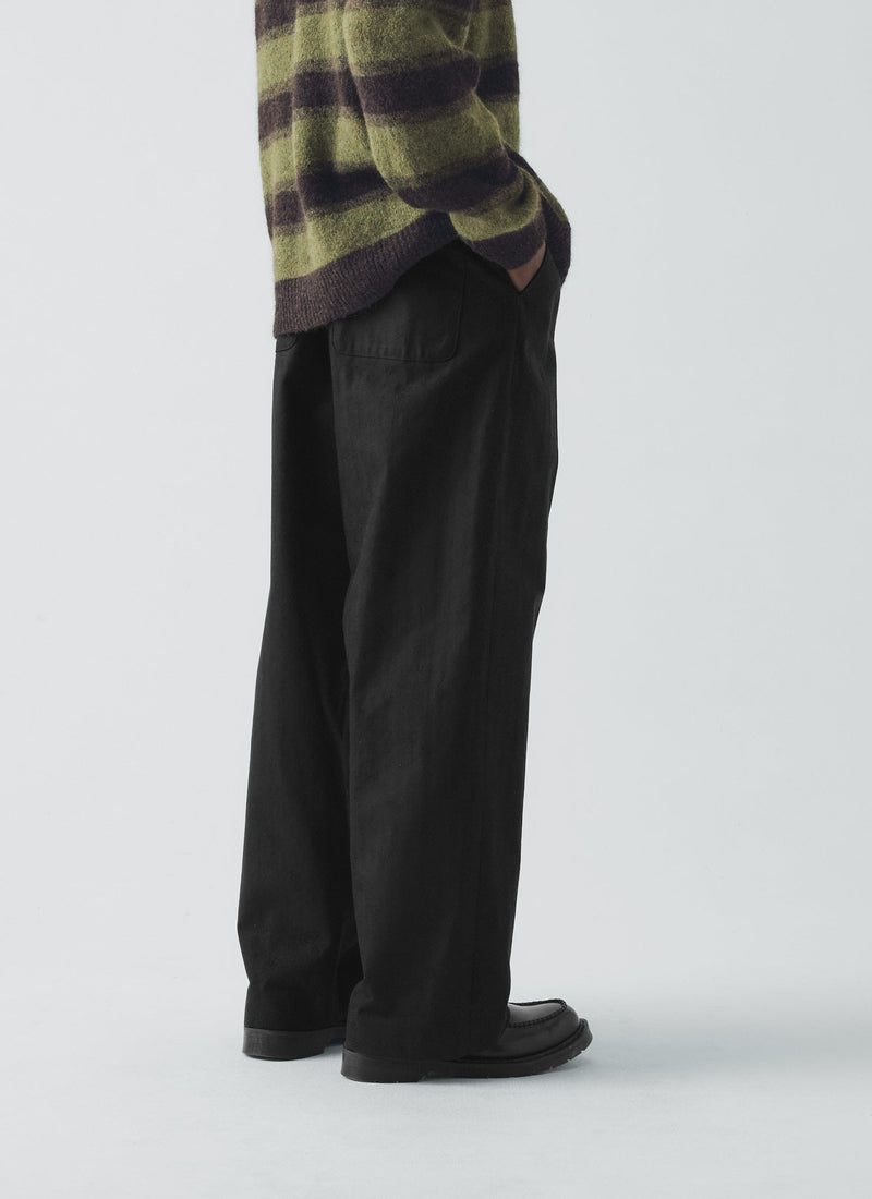 Cotton Wool Herringbone Wide Leg Trousers | Black