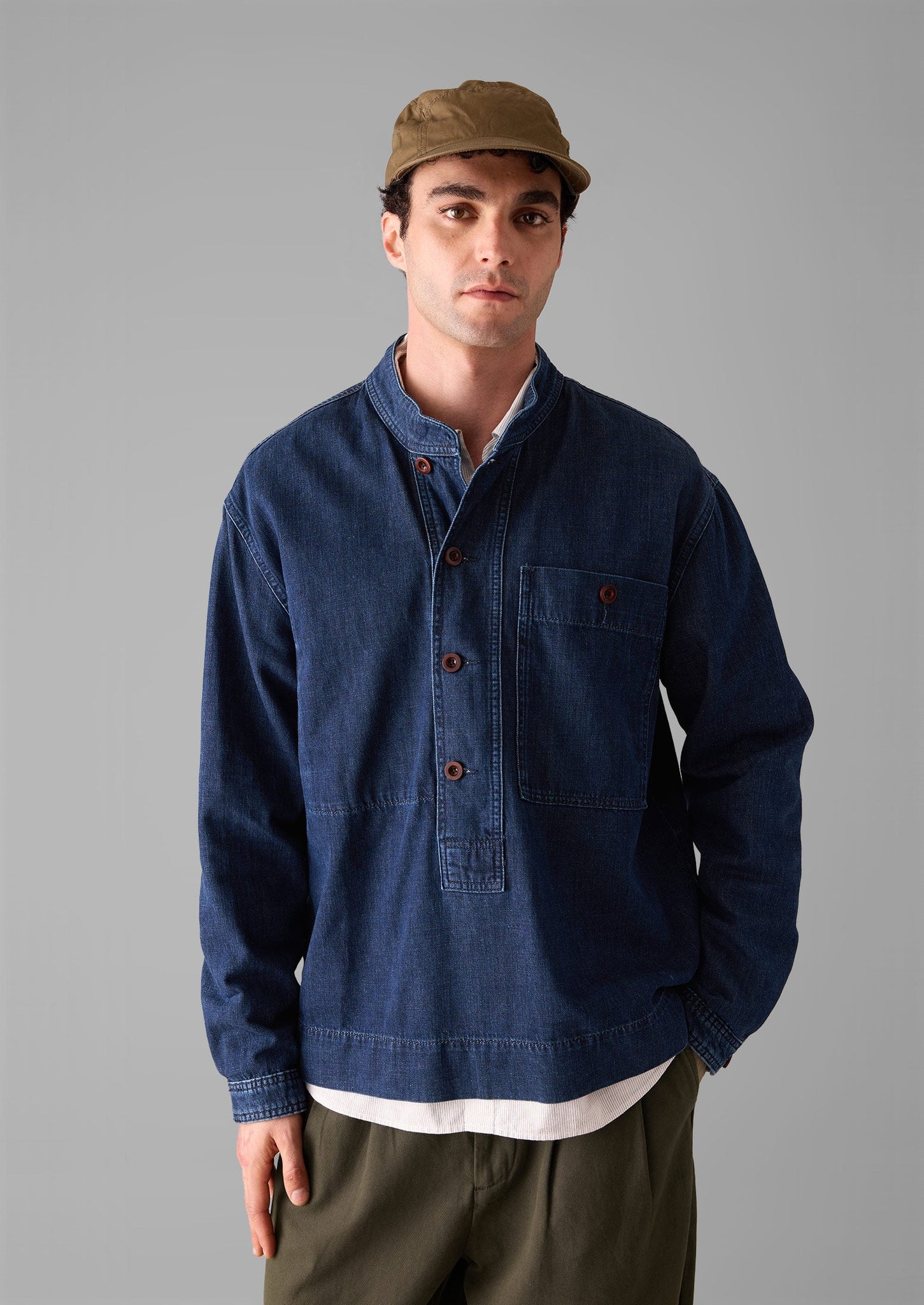 Grandad Collar Half Placket Denim Shirt | Indigo