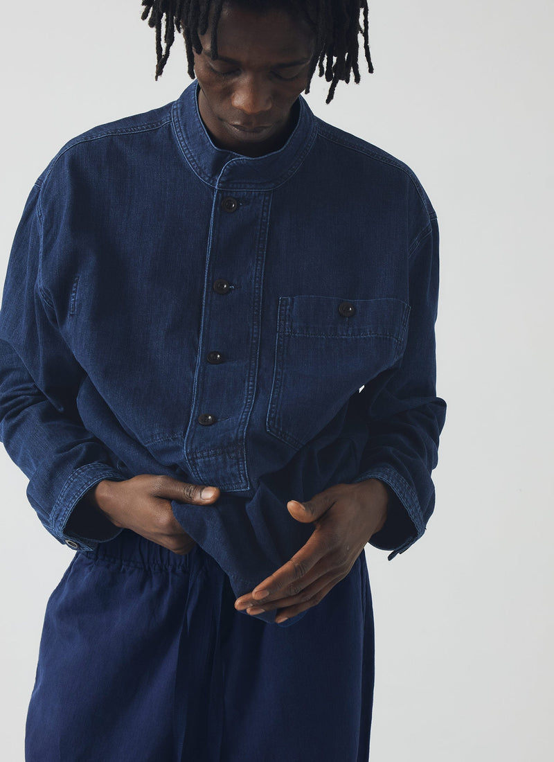 Grandad Collar Half Placket Denim Shirt | Indigo