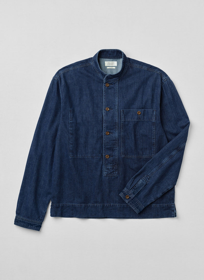Grandad Collar Half Placket Denim Shirt | Indigo