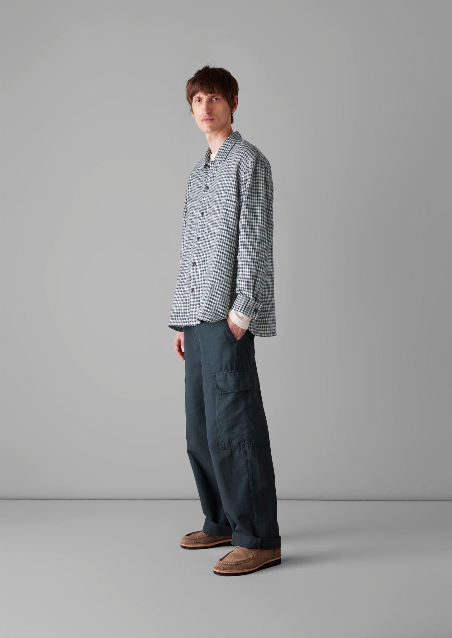 Dropped Shoulder Check Linen Shirt | Slate Navy