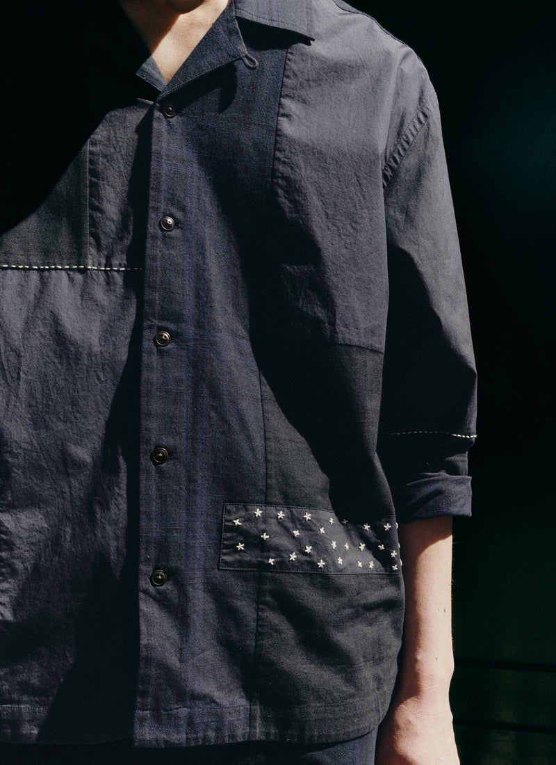 Camp Collar Patchwork Embroidered Shirt | Black Multi
