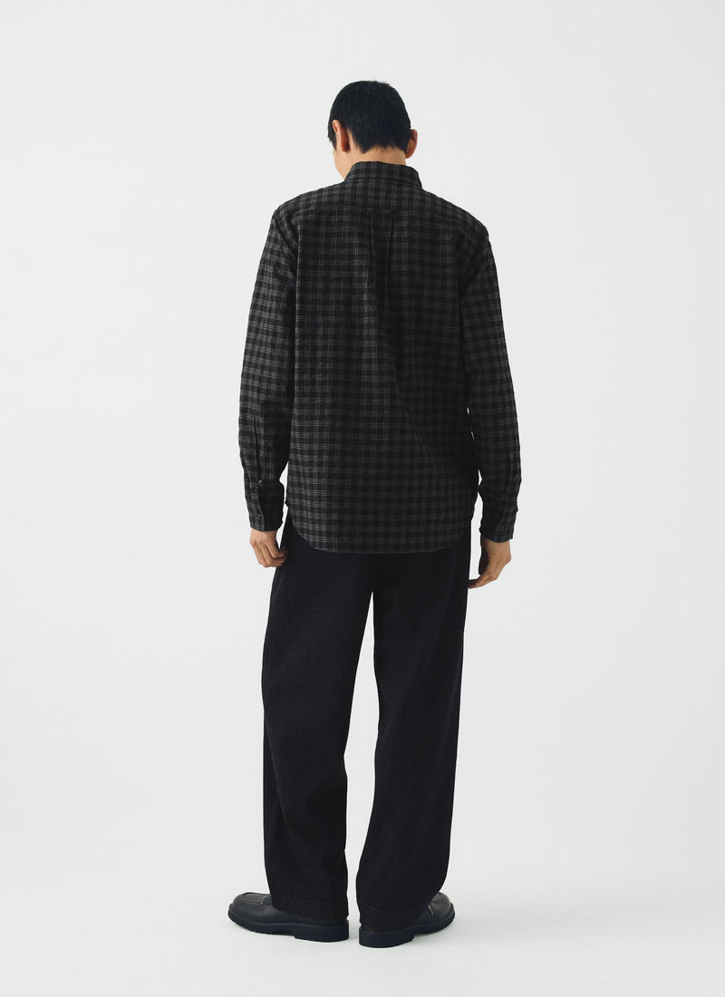 Loop Button Check Cotton Wool Shirt | Dark Charcoal/Black