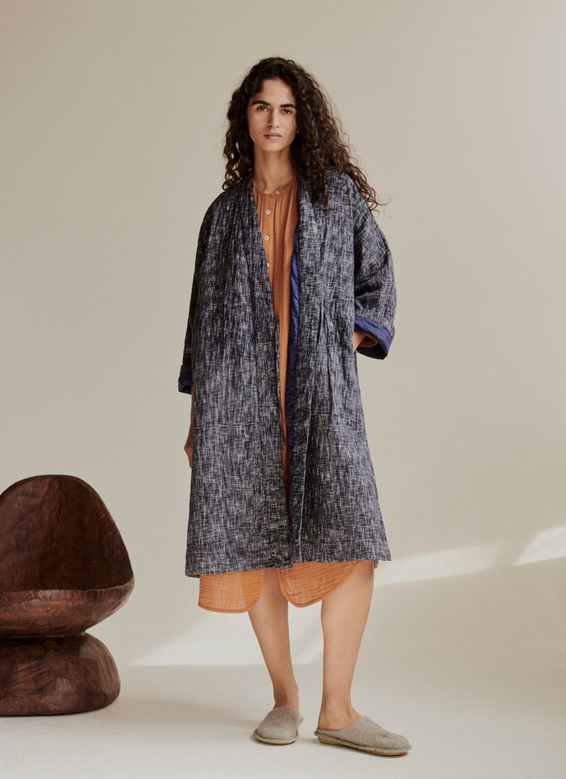 Hand Woven Crosshatch Kantha Gown | Deep Blue