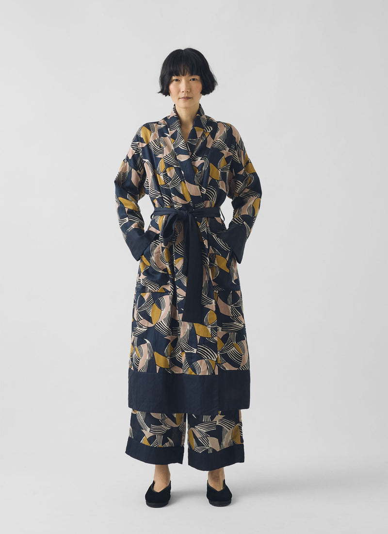 Deco Geo Cotton Silk Gown | Prussian Blue