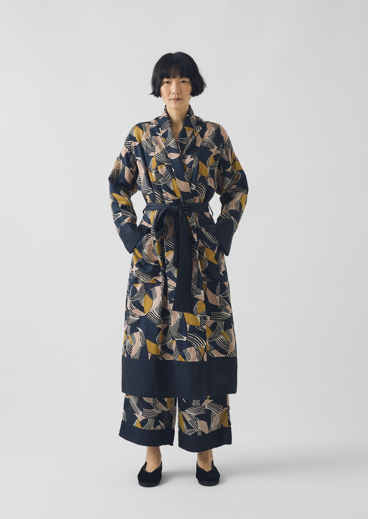 Deco Geo Cotton Silk Gown | Prussian Blue