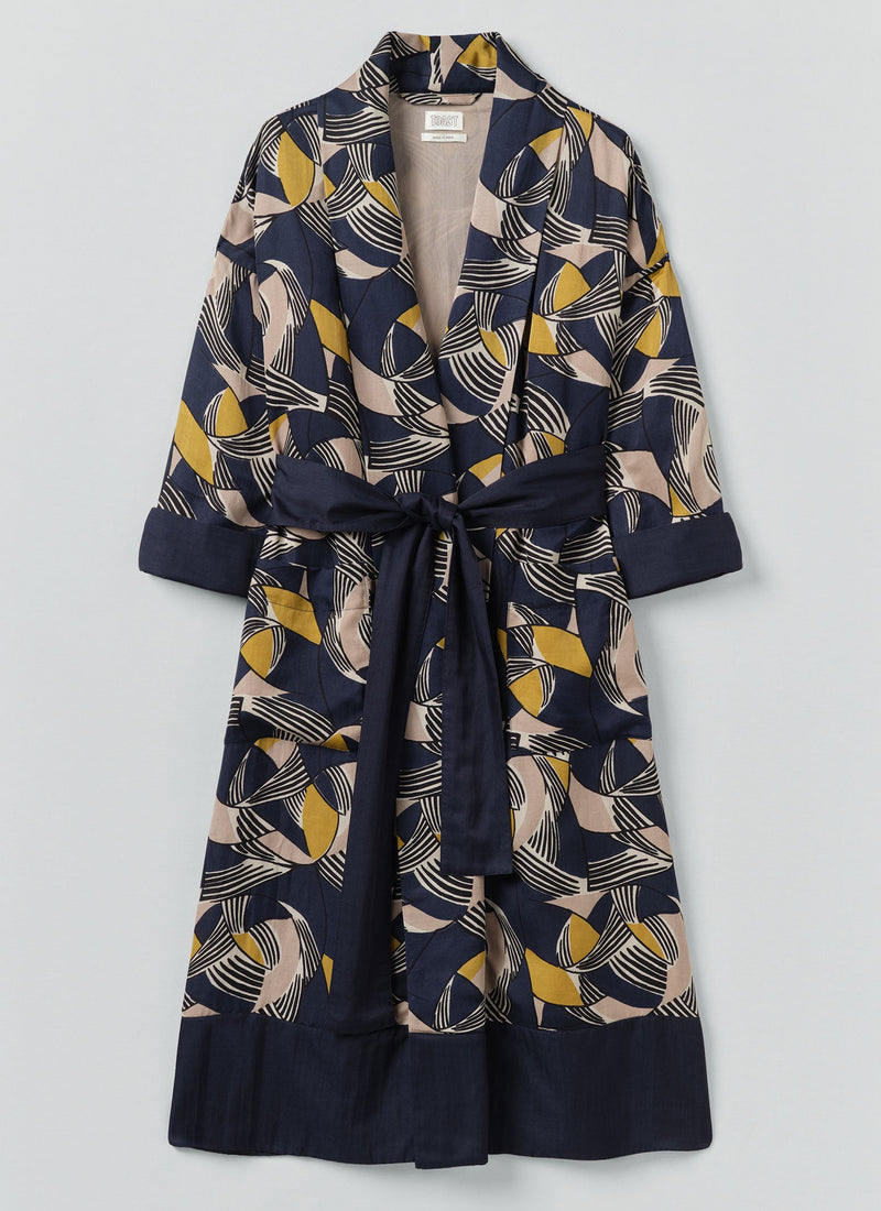 Deco Geo Cotton Silk Gown | Prussian Blue