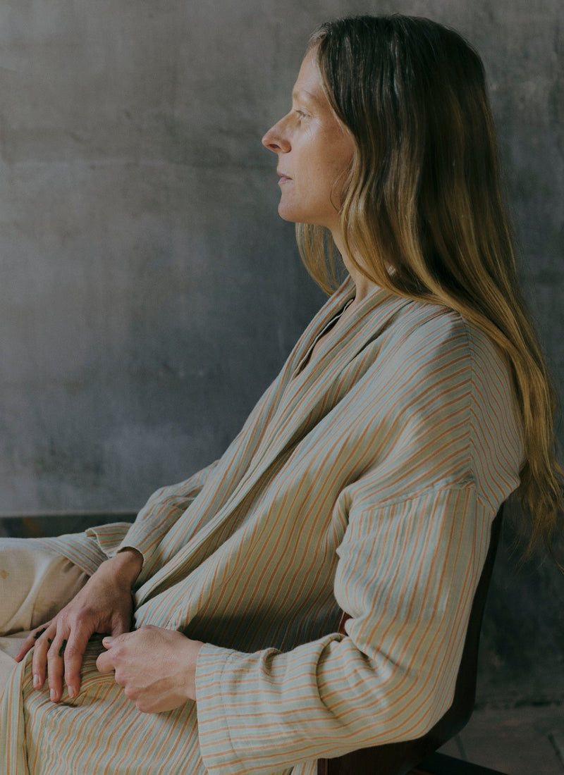 Stripe Crinkle Cotton Gown | Sage/Apricot