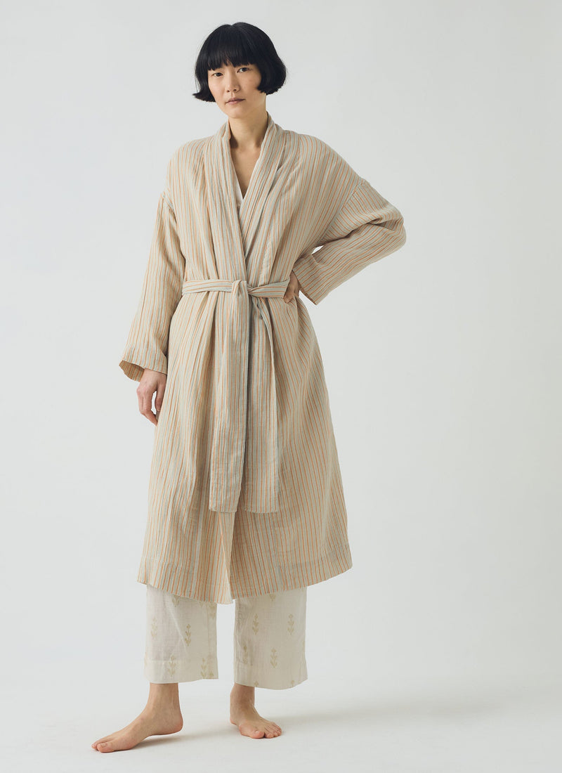 Stripe Crinkle Cotton Gown | Sage/Apricot