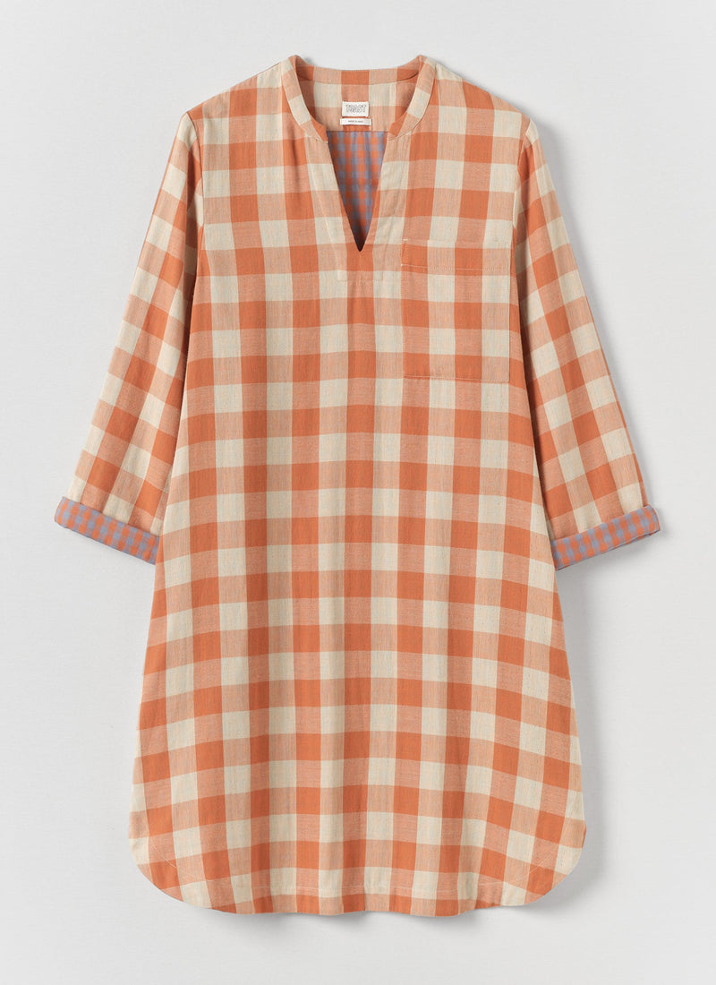 Gingham Faced Cotton Nightdress | Coral/Sky Blue