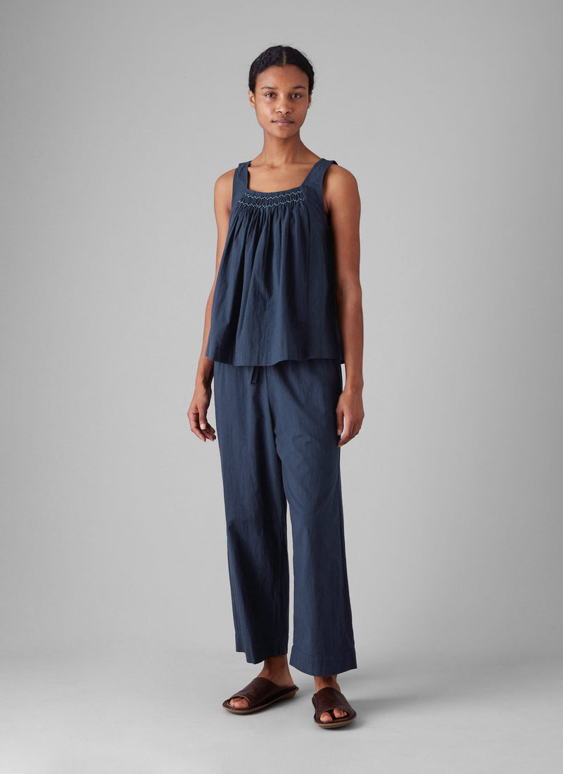 Smocked Cotton Poplin Pyjamas | Midnight