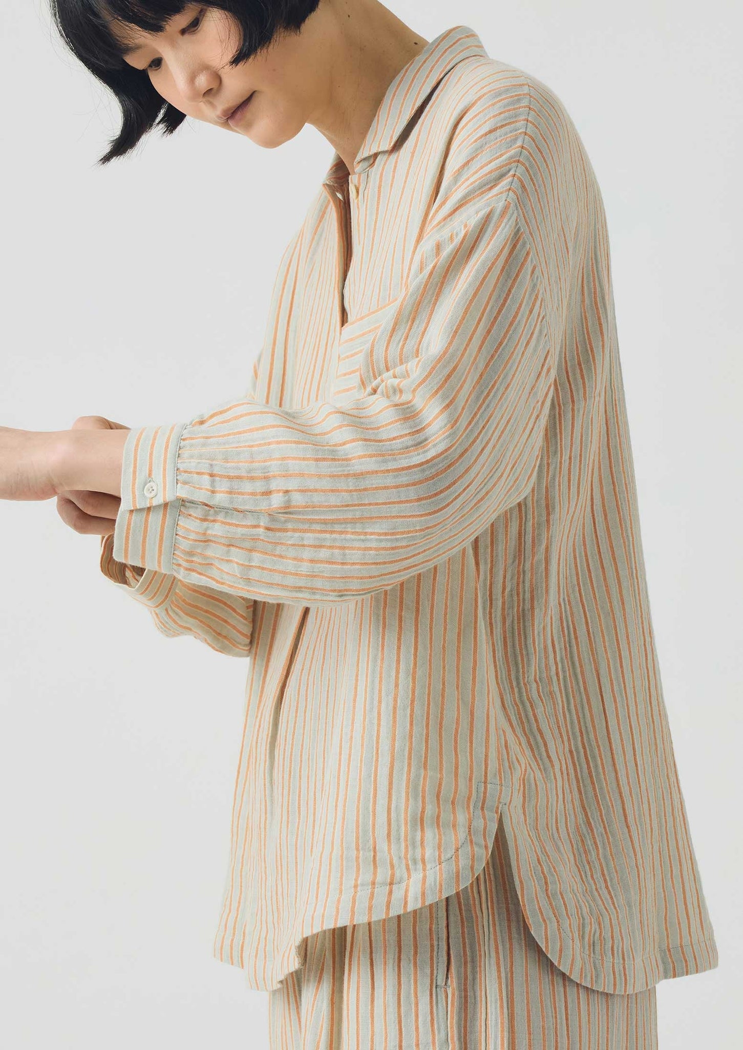 Stripe Crinkle Cotton Pyjama Set | Sage/Apricot
