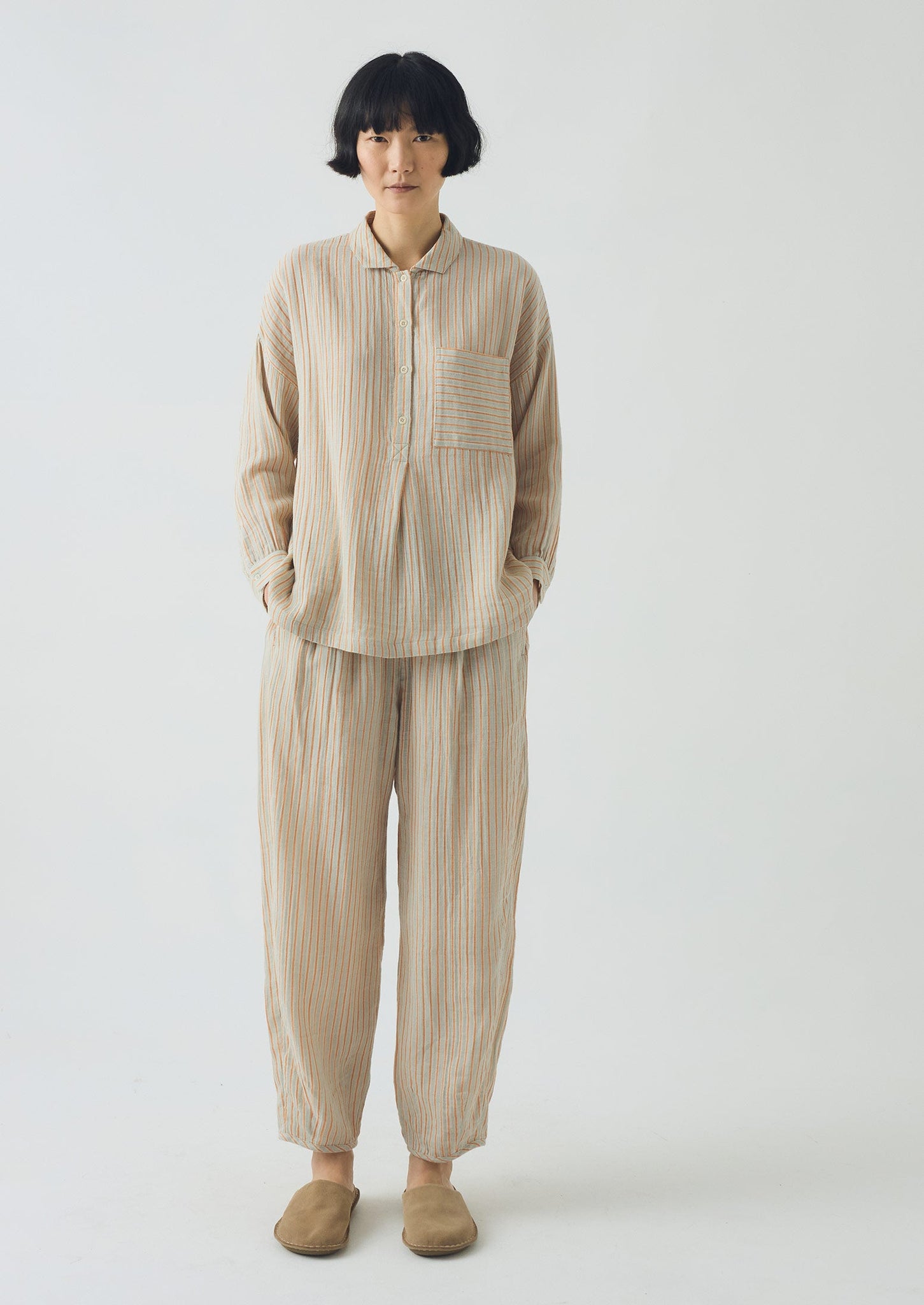 Stripe Crinkle Cotton Pyjama Set | Sage/Apricot