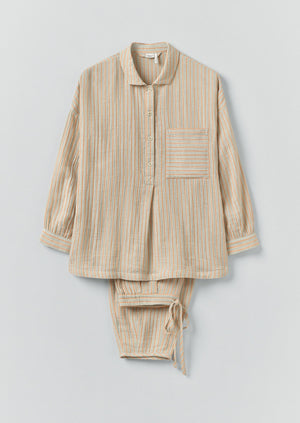 Stripe Crinkle Cotton Pyjama Set | Sage/Apricot