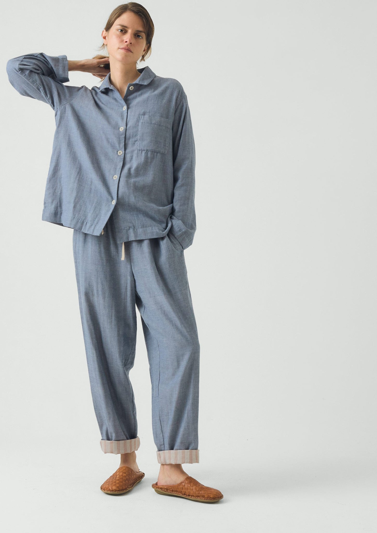 Soft Faced Double Cotton Pyjamas | Blue Chambray