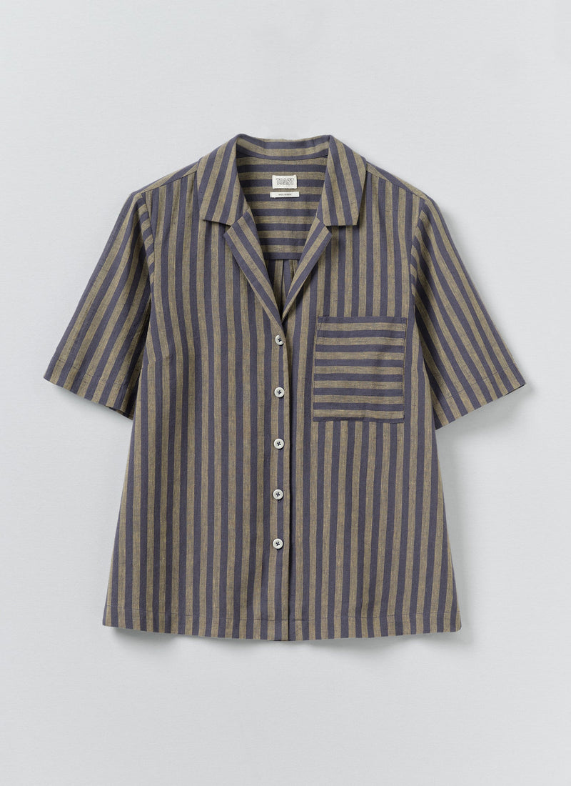 Awning Stripe Cotton Linen Pyjama Top | Catkin/Denim Blue