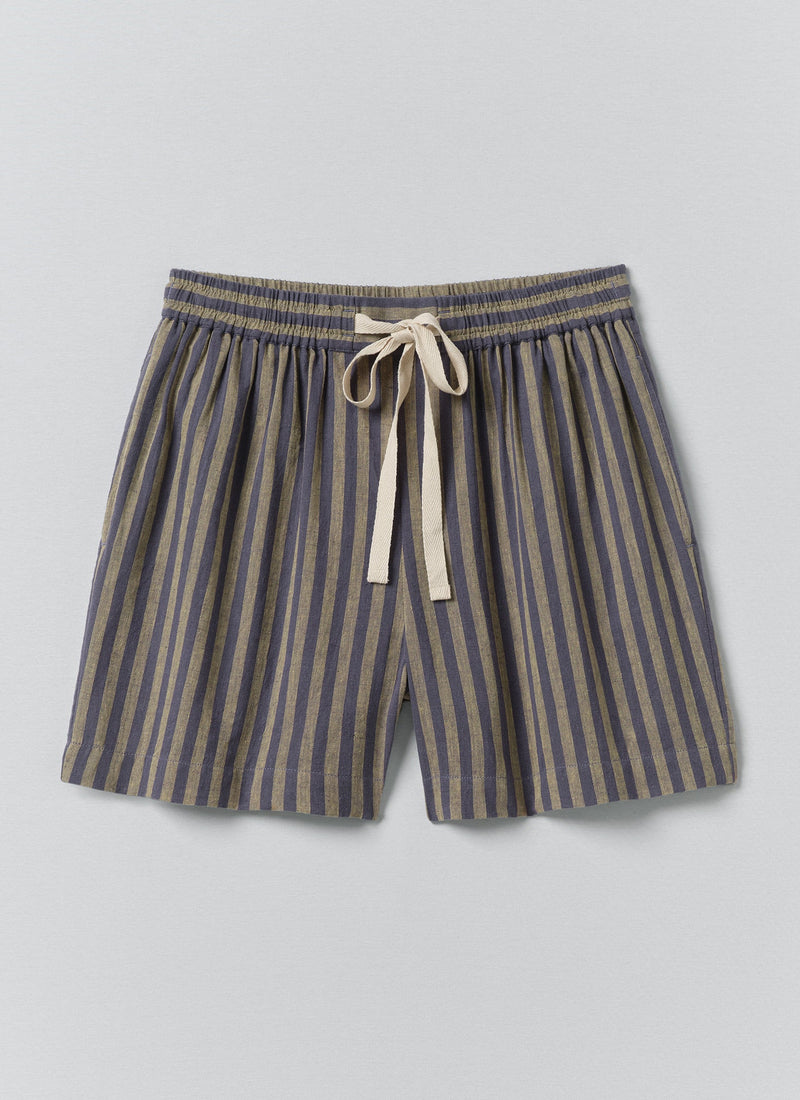 Awning Stripe Cotton Linen Pyjama Shorts | Catkin/Denim Blue