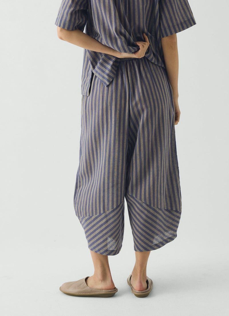 Awning Stripe Cotton Linen Pyjama Trousers | Catkin/Denim Blue