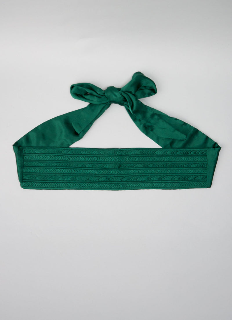 Reworn Pleated Silk Obi Belt ML (029) | Green