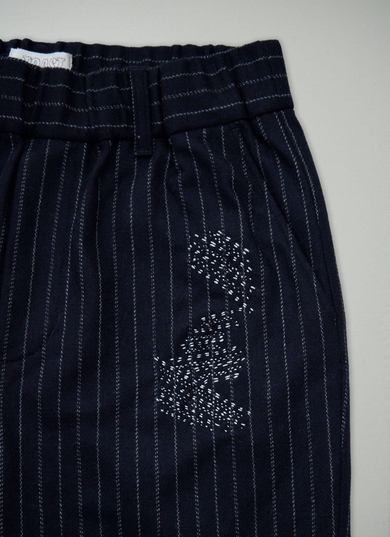 Renewed Gabi Pinstripe Wool Cashmere Pull on Trousers Size 12 (55) | Navy