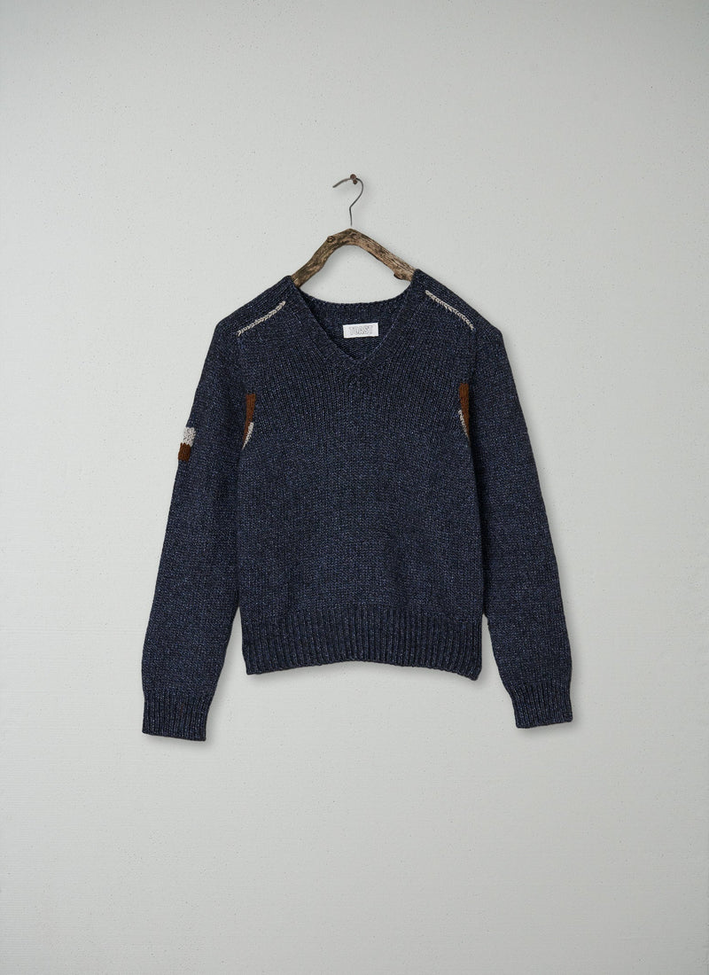 Renewed Cotton Merino V-Neck Sweater Size M (008) | Graphite Blue